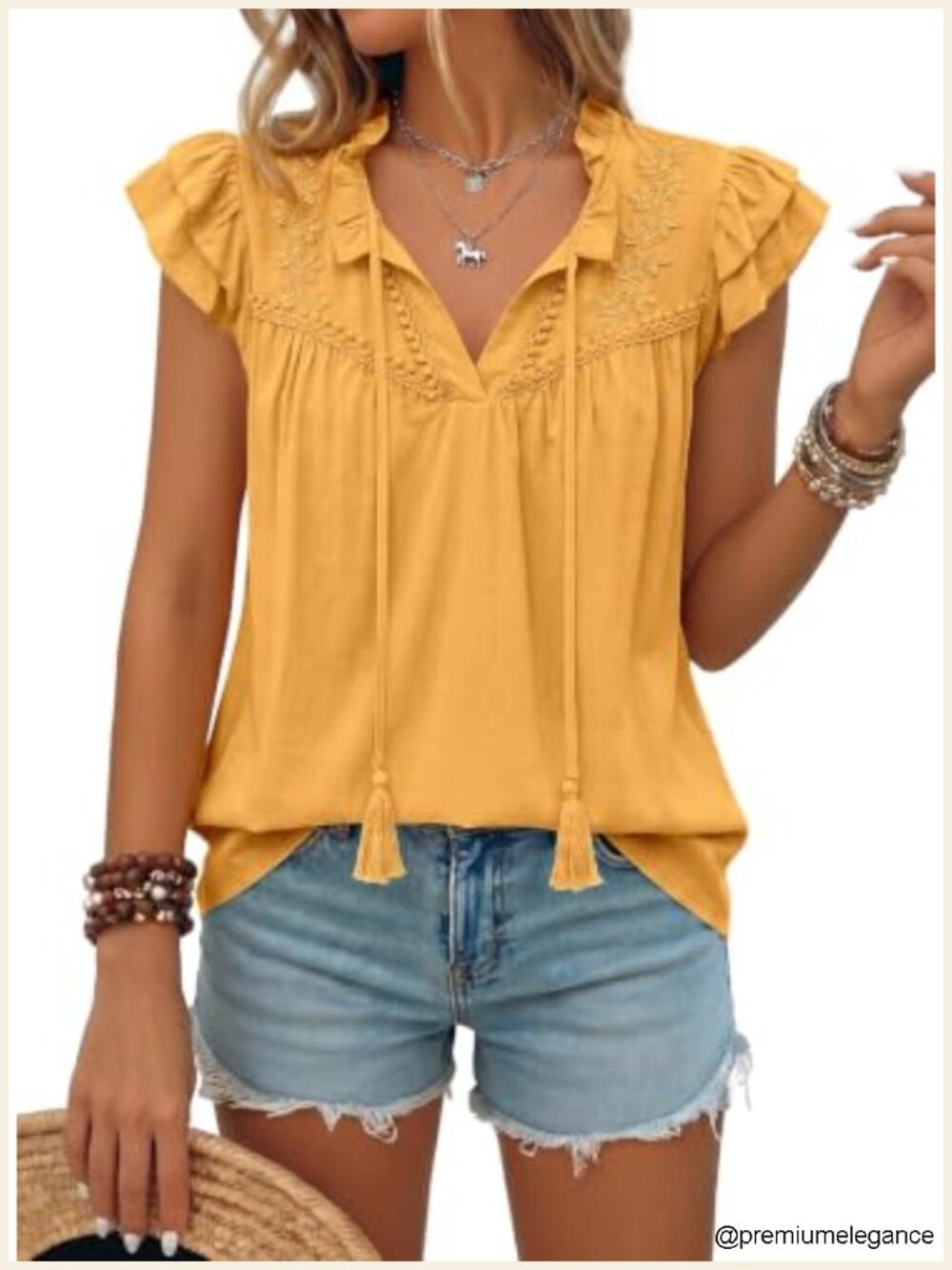 Ruffle Cap Sleeve V Neck Chiffon Blouse Pleated Tassel Lace Embroidery Top